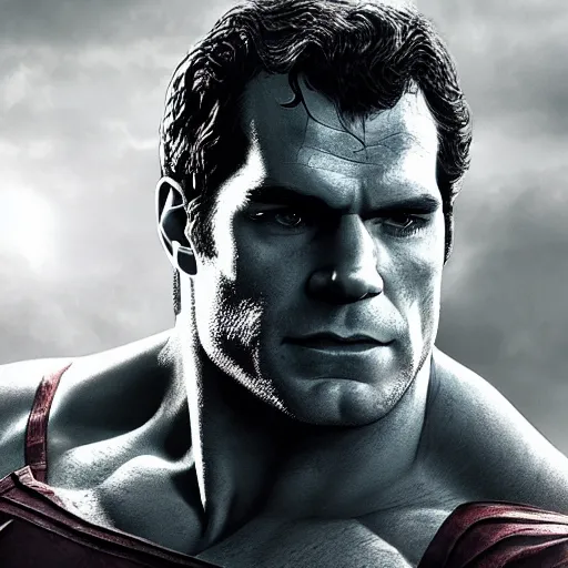 Image similar to portrait of henry cavill as the hulk from the avengers infinity war, marvel concept art, hyperrealistic, detailed, accurate illustration, dramatic lighting, action pose