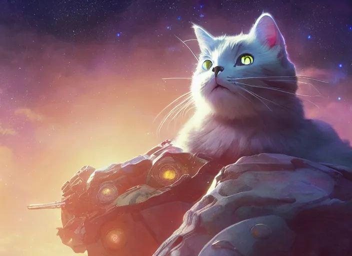 Image similar to a space cat staring role in a musical sci - fi space opera ghibli animated film, volumetric lighting, octane render by stanley artgerm lau, greg rutkowski, thomas kindkade, alphonse mucha, loish, norman rockwel,