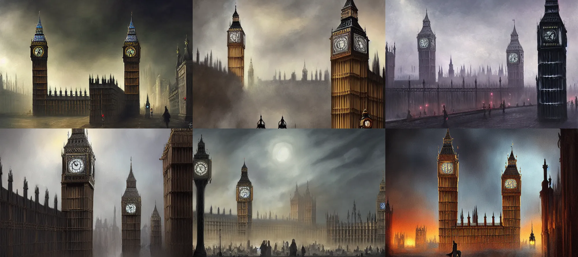 Prompt: landscape digital painting of apocalyptic london big ben houses of parliment intricate highly detailed dark fantasy art by charlie bowater tyler edlin
