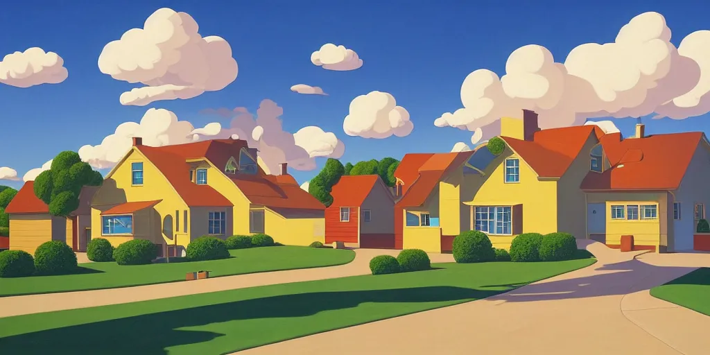 Image similar to homer simpson andthe simpsons house clouds, blue sky, summer evening, kenton nelson