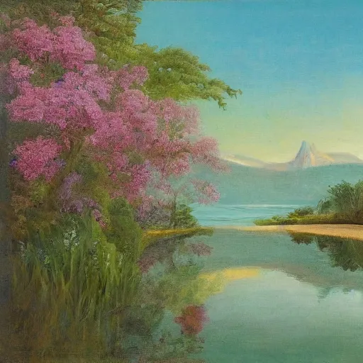 Prompt: painting of a garden in the middle of a lake, tomas sanchez