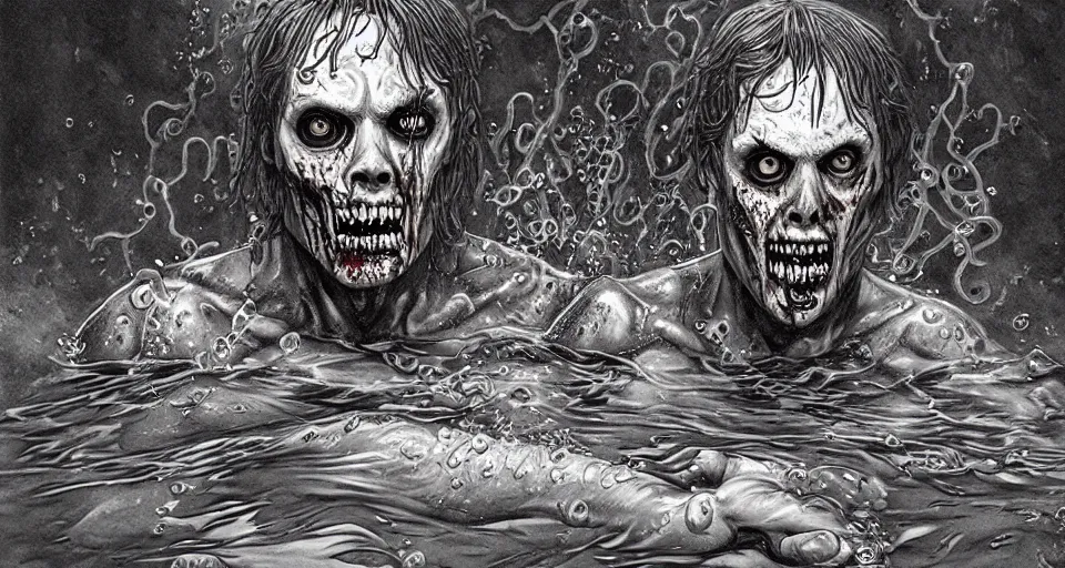 Image similar to highly detailed full body portrait of a zombie swimming underwater in a zombie - apocalypse, in a swimming pool, style tony moore walking dead