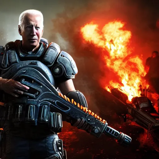 Image similar to joe biden with flamethrower in gears of war, splash art, movie still, cinematic lighting, ray tracing, octane render, long lens, shallow depth of field, bokeh, anamorphic lens flare, 8 k, hyper detailed, 3 5 mm film grain