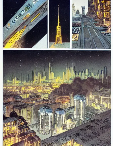 Image similar to comic book page, a city on the moon, by Francois Schuiten