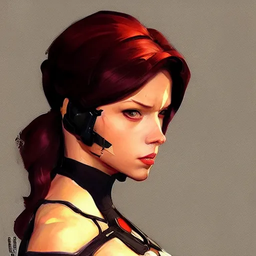 Image similar to greg manchess portrait painting of black widow as overwatch character, medium shot, asymmetrical, profile picture, organic painting, sunny day, matte painting, bold shapes, hard edges, street art, trending on artstation, by huang guangjian and gil elvgren and sachin teng