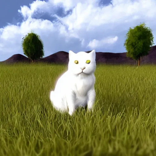 Image similar to an excited white cat sitting in a field, unreal engine, detailed