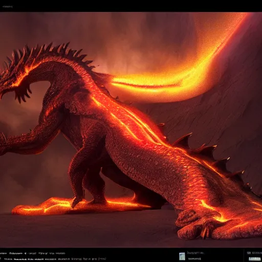 Prompt: a beautiful matte painting of an ancient lava dragon breathing fire, glowing, ray traced