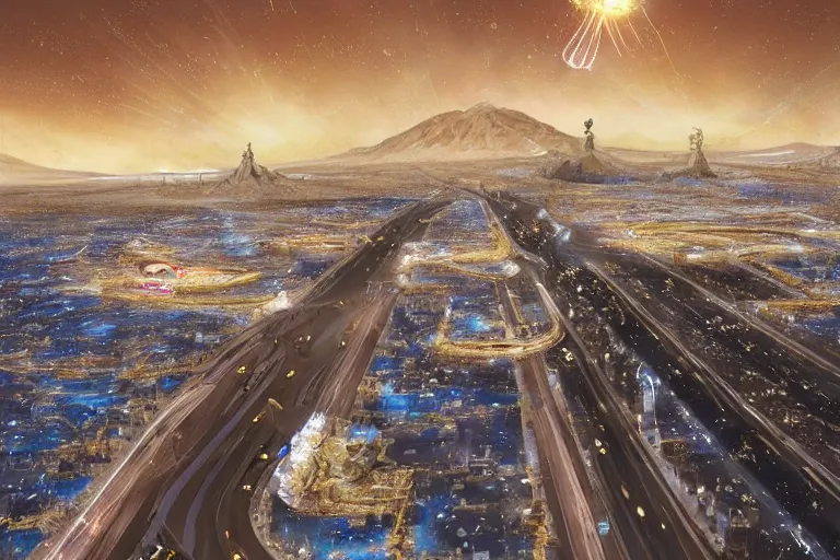 Image similar to Las Vegas strip, expensive streets with gold luxury details, advanced civilization, at Salar De Uyuni, unique formations on the surface of salt crystallization, sandwiched between sedimentary deposits, bubbling geysers, flashy, digital painting, concept art, sharp focus, from Star Trek 2021, illustration, by WLOP and Ruan Jia and Mandy Jurgens and William-Adolphe Bouguereau, Artgerm