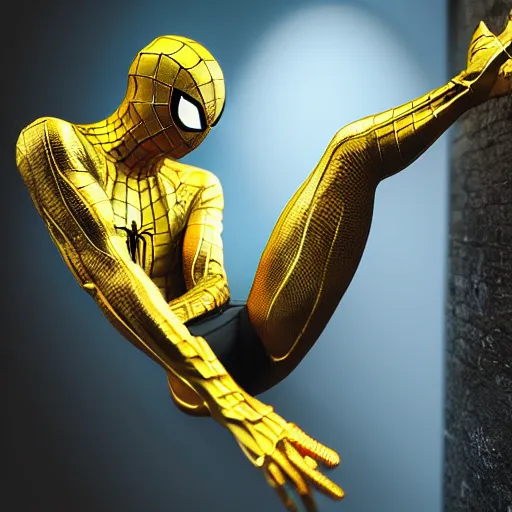 Image similar to gold spider - man suit with black web lining, cinematic, volumetric lighting, realistic, hyperdetailed, photorealistic, photograph