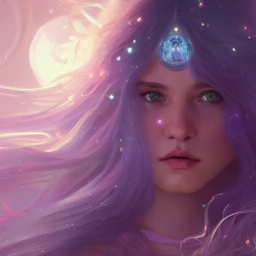 Image similar to aurora, girl with super long hair, hair becoming bright stars, intricate, highly detailed, digital painting, artstation, concept art, smooth, sharp focus, illustration, unreal engine 5, 8 k, art by artgerm and greg rutkowski and alphonse mucha