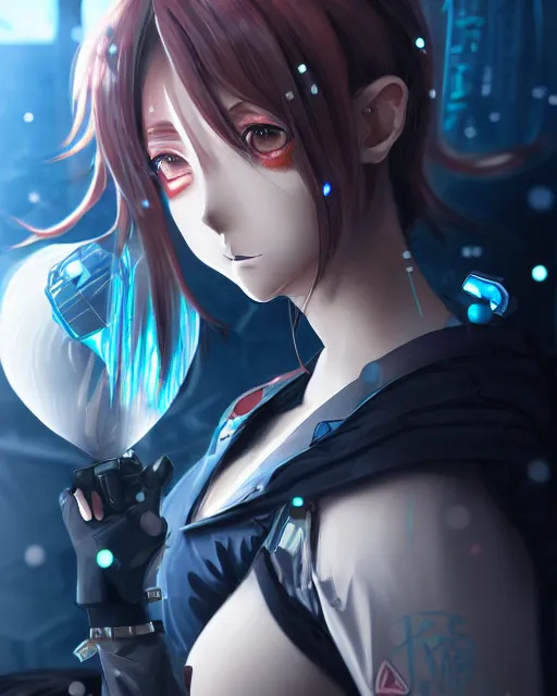 Prompt: a portrait of anime sexy casting ice - ball and shoot it, cyberpunk concept art, trending on artstation, highly detailed, intricate, sharp focus, digital art, 8 k