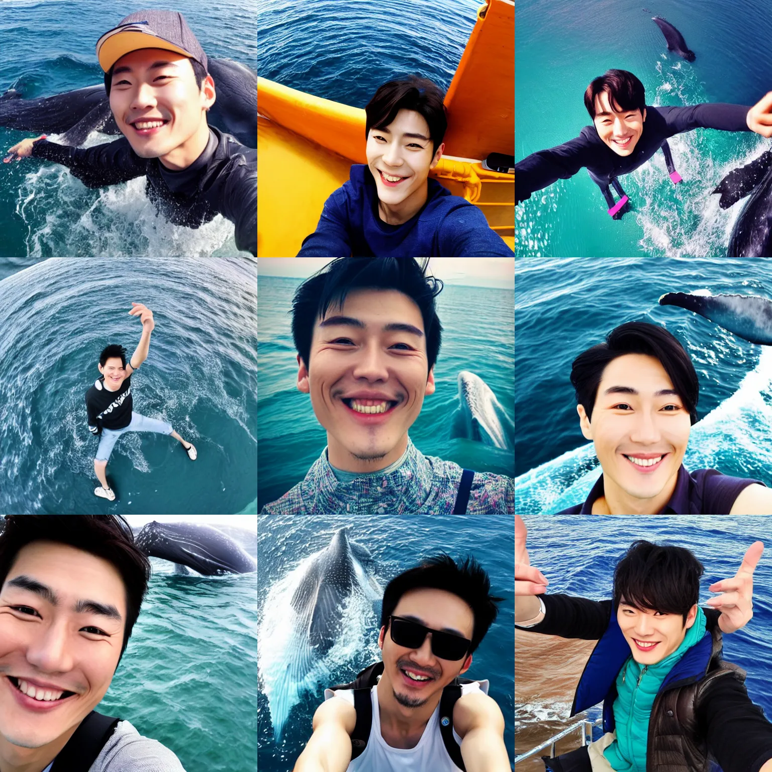 Prompt: a selfie taken from above by a beautiful smiling Korean actor sitting on a Humpback whale , highly detailed, lifelike, photo-realistic, smooth, sharp focus