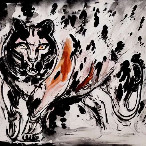 Prompt: emotional movement of muscle panthers, ink painting, in style of thawan duchanee, high quality,