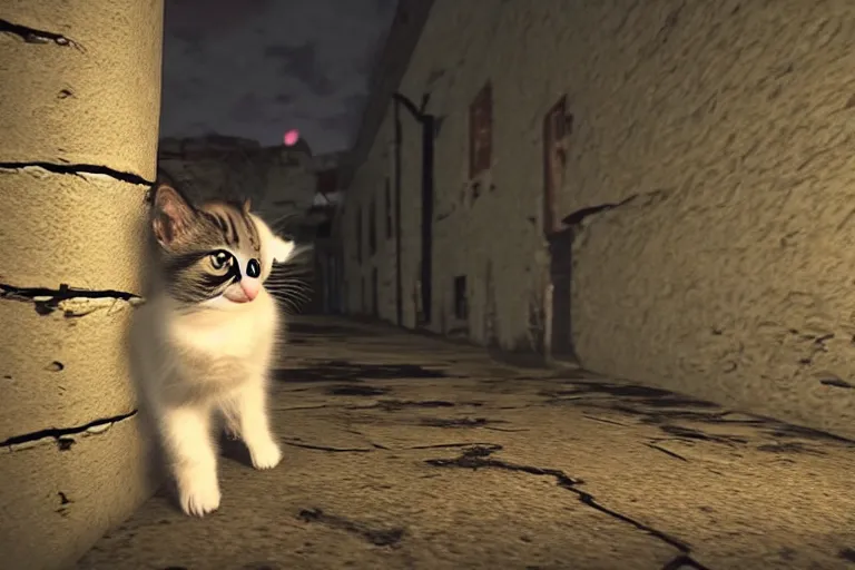 Image similar to a cute kitten on an adventure through an abandoned town in the night, 3d scene, render, ultra realistic