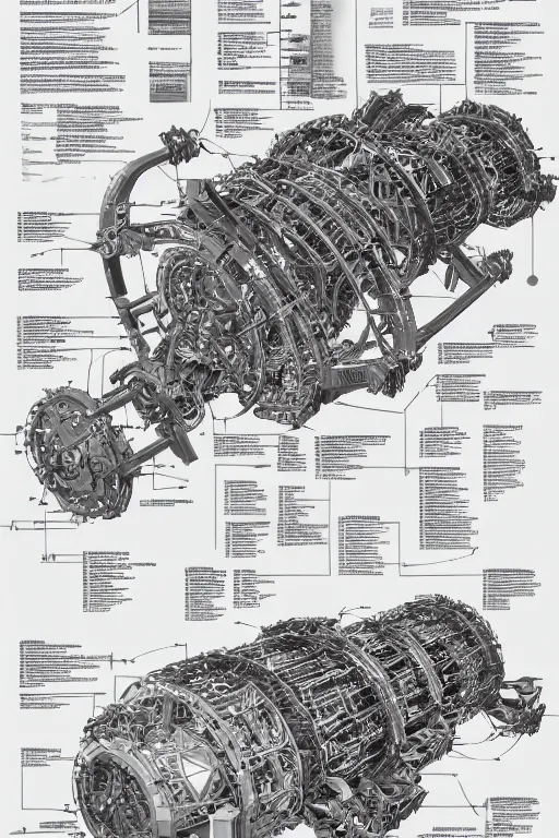 Prompt: aesthetically pleasant technical drawing of an open - source nuclear weapon machinery, hyperdetailed, complex, intricate, exploded view!!, 4 k, trending on artstation
