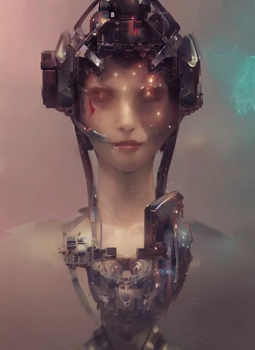 Prompt: matte painting, by yoshitaka amano, by ruan jia, by conrad roset, by good smile company, detailed anime 3d render of a female mechanical android, portrait, cgsociety, artstation, quirky mechanical costume and grand headpiece, surreal mystical atmosphere