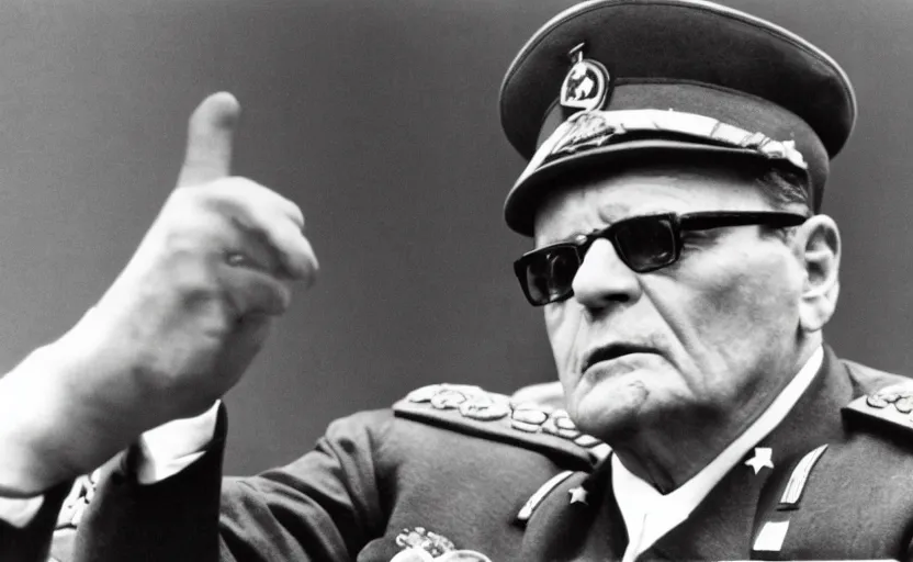 Prompt: 60s movie still of Josip Broz Tito with his general's cap delivering a speech at the UN, by Irving Penn , kodakchrome, heavy grainy picture, very detailed, high quality, 4k, HD criterion, precise texture