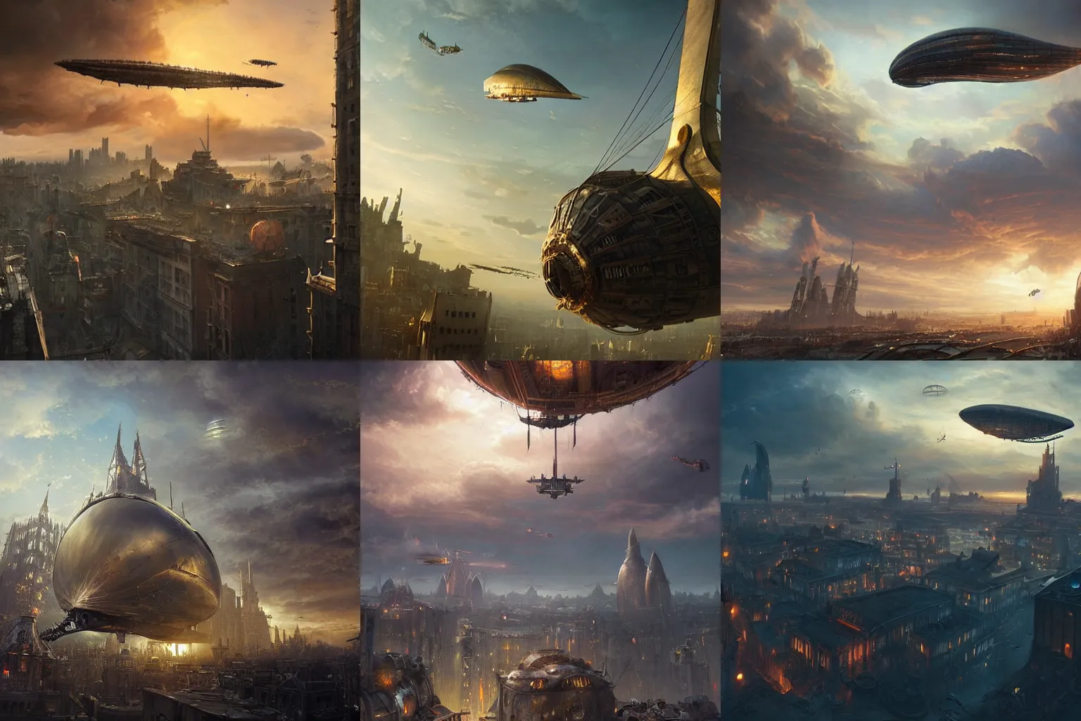 Prompt: giant steampunk zeppelin flying above the city, steampunk metropolis, fantasy art by Jan Urschel and greg rutkowski, epic fantasy art, 4k, sunset lighting