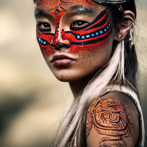 Image similar to portrait of a stunningly beautiful asian tribal female, with tribal face paint, freckles, depth of field, zeiss lens, detailed, symmetrical, centered, fashion photoshoot, by Annie Leibovitz and Steve McCurry, David Lazar, Jimmy Nelsson, Breathtaking, 8k resolution, extremely detailed, beautiful, establishing shot, artistic, hyperrealistic, beautiful face, octane render