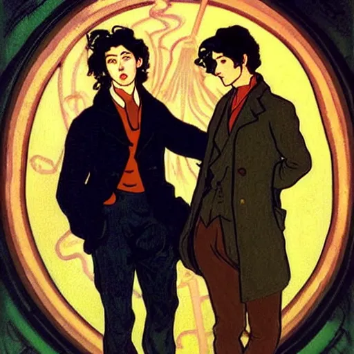 Image similar to painting of young cute handsome beautiful dark medium wavy hair man in his 2 0 s named shadow taehyung and cute handsome beautiful min - jun together at the halloween! party, bubbling cauldron!, candles!, smoke, autumn! colors, elegant, wearing suits!, clothes!, delicate facial features, art by alphonse mucha, vincent van gogh, egon schiele