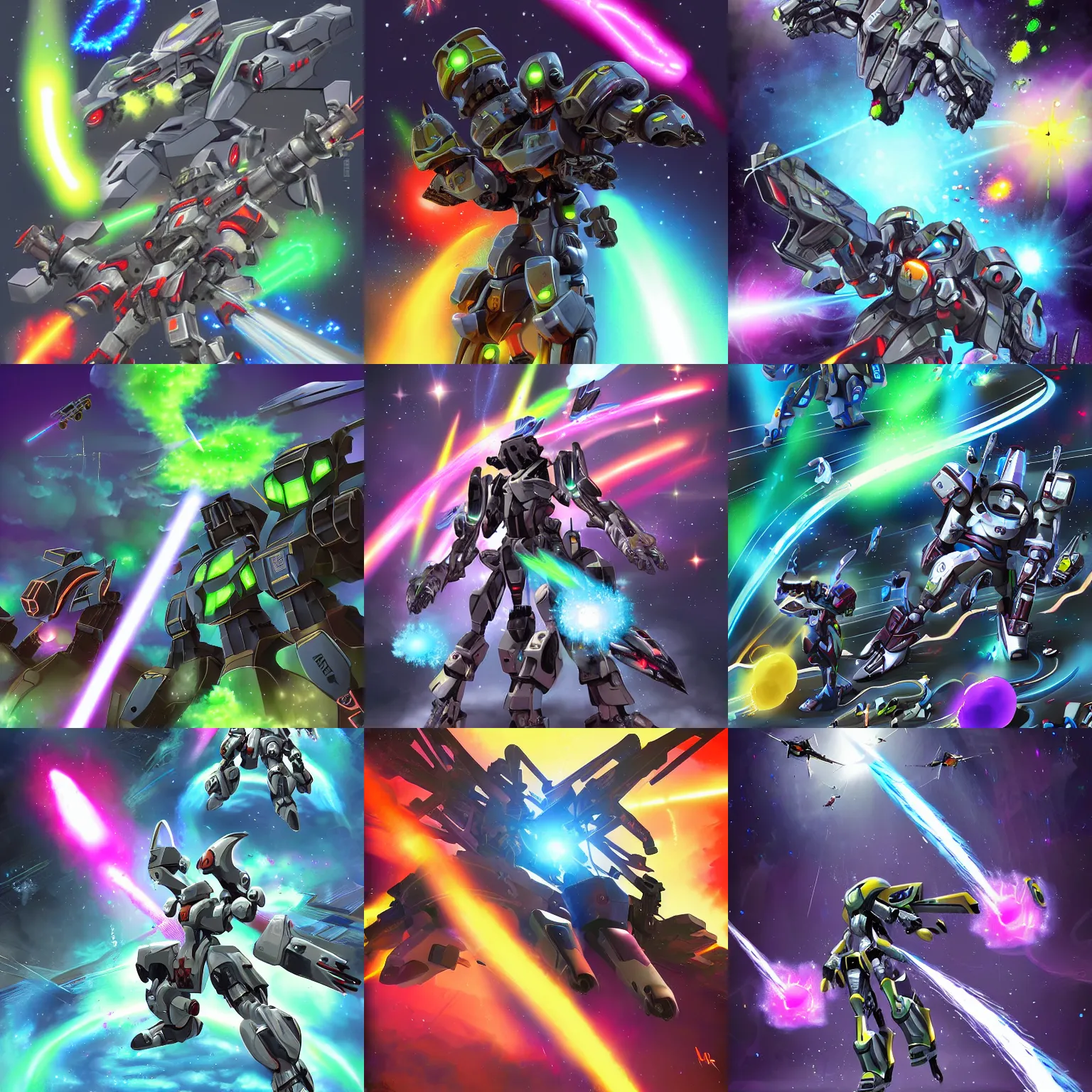 Prompt: galactic mech fights, lasers and plasma splash by issei hyouju