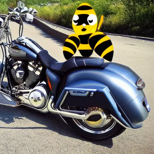 Image similar to giant bee on a Harley Davidson on the road, funny picture