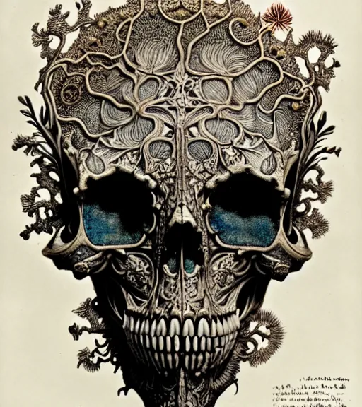 Image similar to art forms of nature by ernst haeckel, memento mori by arthur rackham, ornate antique porcelain beautiful skull mask, ultrasharp, photorealistic, hyperdetailed, octane render, polished, art nouveau, neo - gothic, gothic, intricate ornamental organic filigree, art nouveau botanicals, art forms of nature by ernst haeckel, horizontal symmetry, symbolist, visionary