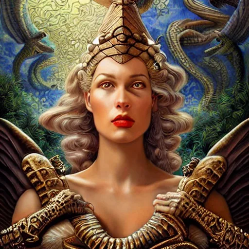 Prompt: Mystical Valkyrie, Portrait of a beautiful female Atlantean Reptilian Warrior, Realistic, Regal, Refined, Detailed Digital Art, Michael Cheval, Walt Disney (1937), François Boucher, Oil Painting, Steampunk, Highly Detailed, Cinematic Lighting, Unreal Engine, 8k, HD