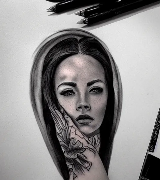 Image similar to a beautiful woman face against a background of beautiful mountains, tattoo design sketch, amazing blend effect, hyper - realistic, in the style of matteo pasqualin, amazing detail, black and white