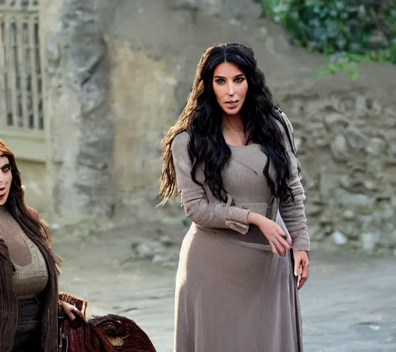 Image similar to a movie still of kim kardashian speaking to hagrid in the movie harry potter