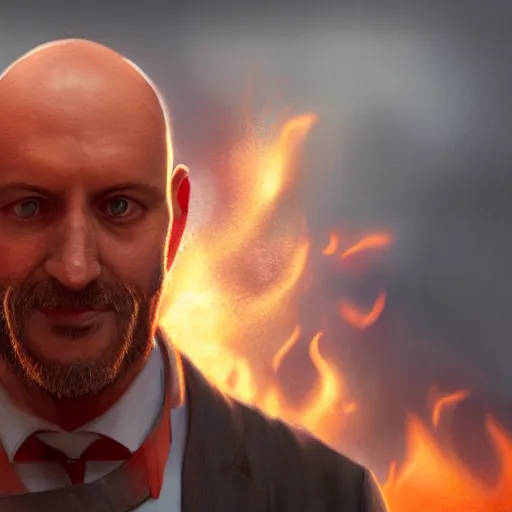 Image similar to an artstation trending portrait painting of a bald english man standing in front of a building on fire, octane render