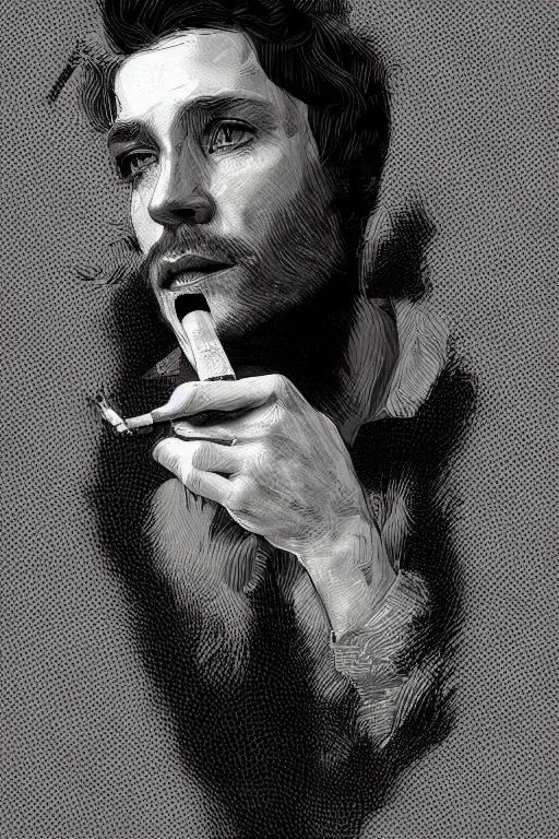 Image similar to hyperdetailed portrait of a man enjoying a cigarette, by nicholas delort, artstation, smooth, graphic black and white. intricate, elegant, central composition, golden ratio,