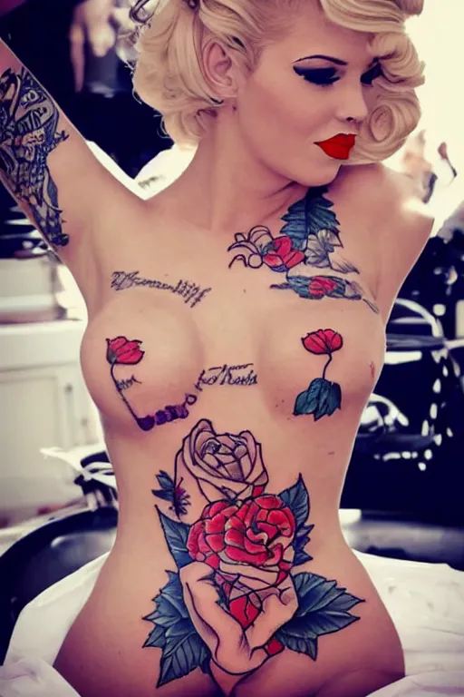 Prompt: classic tattoo of a blonde pinup girl