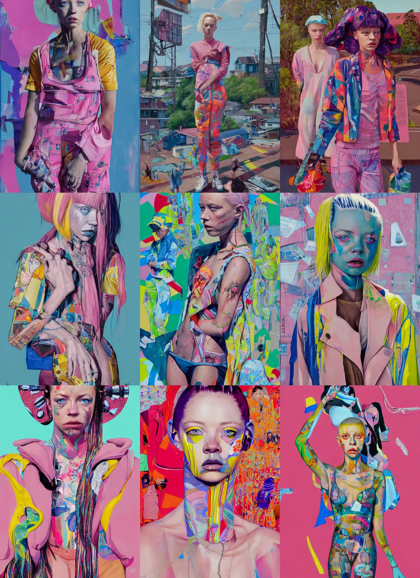 Prompt: still from music video of sydney sweeney from die antwoord standing in a township street, street fashion clothing,! haute couture!, full figure painting by martine johanna, njideka akunyili crosby, rossdraws, pastel color palette, 2 4 mm lens