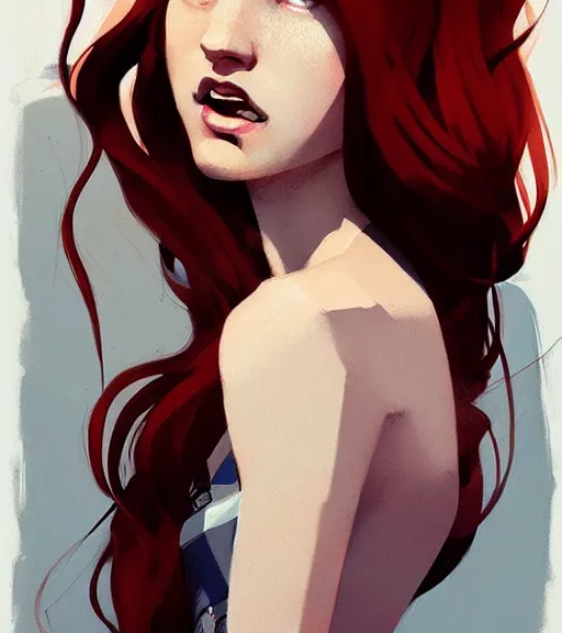 Image similar to realistic female portrait with long red hair, by atey ghailan, by greg rutkowski, by greg tocchini, by james gilleard, by joe fenton, by kaethe butcher, dynamic lighting, gradient light blue, brown, blonde cream and white color scheme, grunge aesthetic