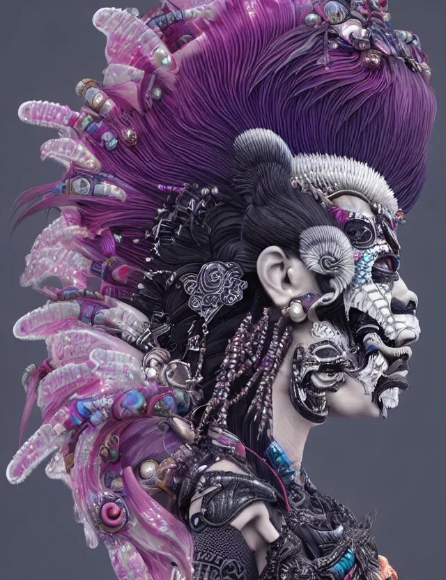 Image similar to 3 d goddess close - up profile portrait punk with mohawk with ram skull. beautiful intricately detailed japanese crow kitsune mask and clasical japanese kimono. betta fish, jellyfish phoenix, bio luminescent, plasma, ice, water, wind, creature, artwork by tooth wu and wlop and beeple and greg rutkowski