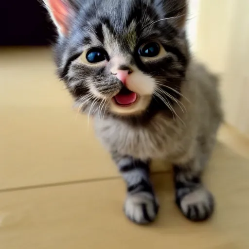 Image similar to kitten photo, wearing wool hat, tongue mlem, cat ears