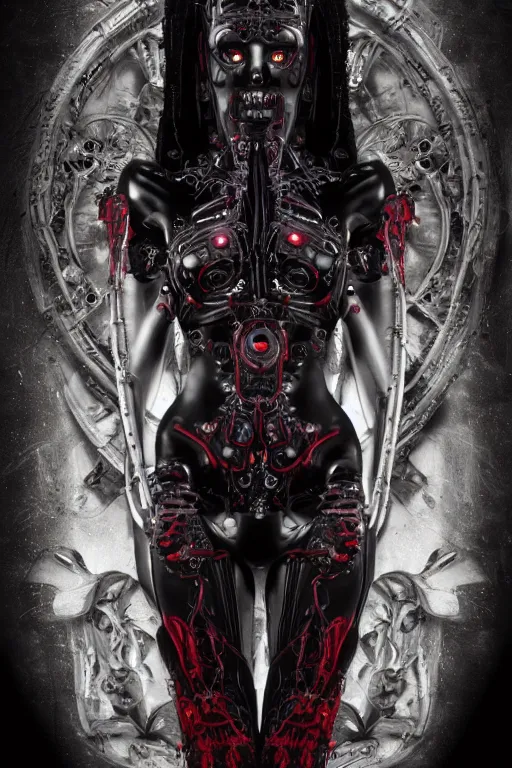 Image similar to full-body cyberpunk style sculpture of a young beautiful dark priestess, half android with a head opening exposing circuitry, glowing red eyes, black roses, flowing blood-red colored silk, fabric, candles. baroque elements, human skulls. full-length view. baroque element. intricate artwork by Caravaggio. crows flying in background. Trending on artstation, cinematic lighting from the right, hyper realism, octane render, 8k, depth of field, 3D