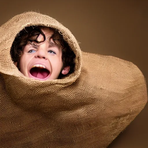 Image similar to frodo in a burlap sack of potatos, photography, realistic, mid shot