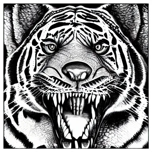 Prompt: 1 0 2 4 x 1 0 2 4 high resolution crocodile morphed with tiger kinetic art etching black and white “ gray ’ s anatomy ”