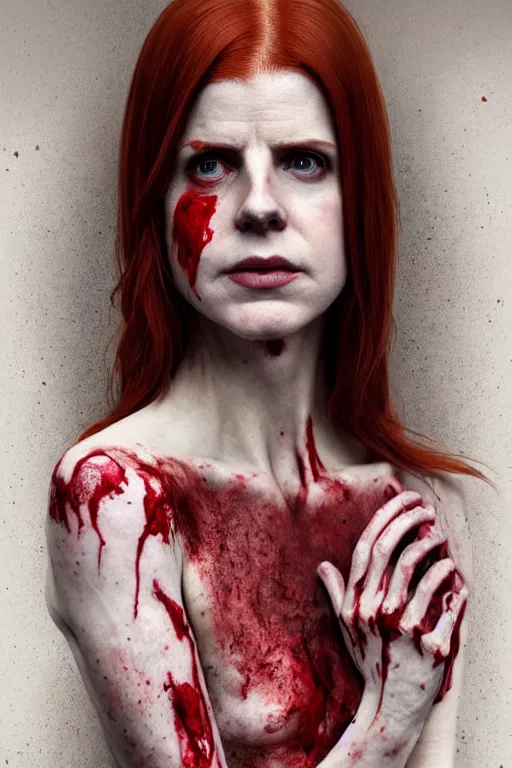 Image similar to pale woman covered with blood, sarah rafferty face!!!, red hair, skeleton body tattoo, ultra realistic, concept art, intricate details, highly detailed, 4 5 mm. photorealistic, octane render, 8 k, unreal engine. film still, heavy grain, 3 5 mm, art by artgerm and greg rutkowski and alphonse mucha