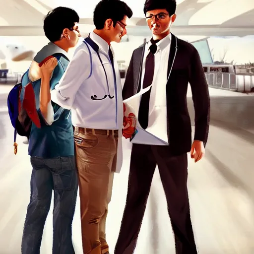 Image similar to Anxious good looking young Indian doctors in American clothes waiting at an airport, by Feng Zhu, highly detailed, excellent composition, cinematic concept art, dramatic lighting, trending on ArtStation