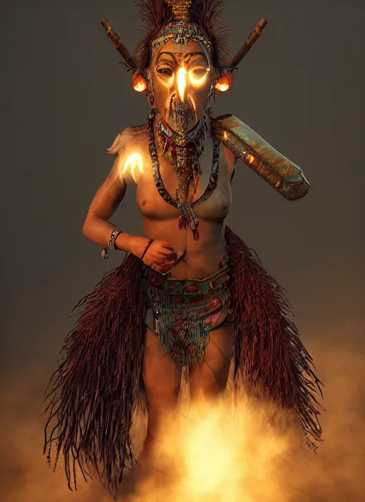 Image similar to a Photorealistic dramatic hyper realistic render of a glamorous Maya warrior smoke by Ken Brower and Deborah Ory, Lois Greenfield, Beautiful dynamic dramatic dark moody lighting, volumetric, shadows, cinematic atmosphere, Octane render,8K