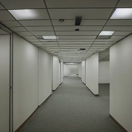 Prompt: the backrooms : an endless maze of randomly generated office rooms and other environments. it is characterized by the smell of moist carpet, walls with a monochromatic tone of dirty off - white, 1 9 8 0's style carpeted walls and buzzing fluorescent lights % 5 0 working, general sense of run down and abandonment, - n 9