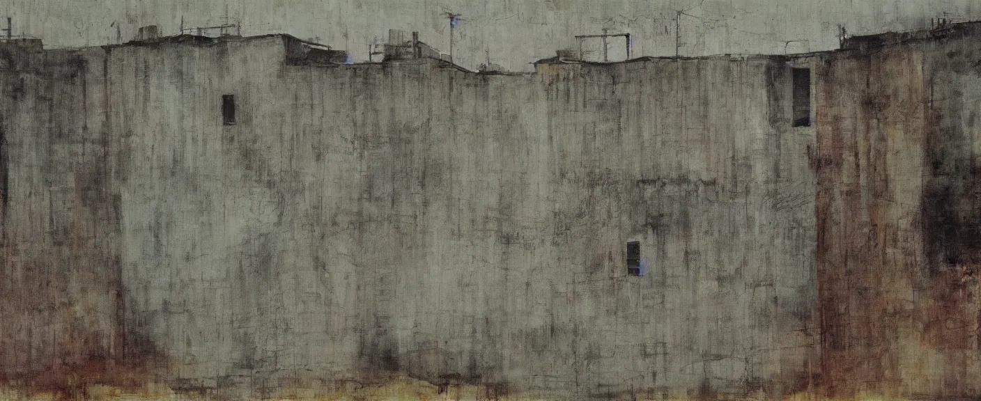 Image similar to a chinese prison near a river by peter doig, muted colors