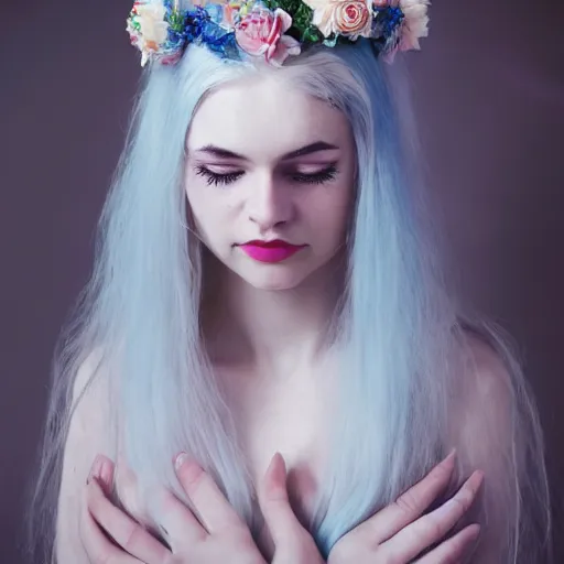 Image similar to a pale girl with white hair wears floral crown, sad blue eyes, cinematic lighting, ultra detailed, grand master oil painting