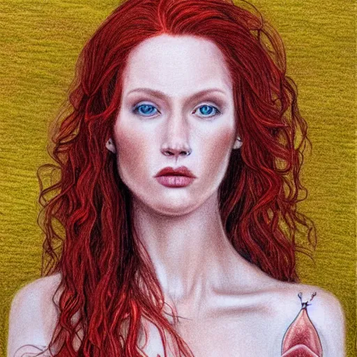 Prompt: full body detailed colored pencil drawing of a beautiful red haired woman with a beautiful face, high detail, intricate clothing