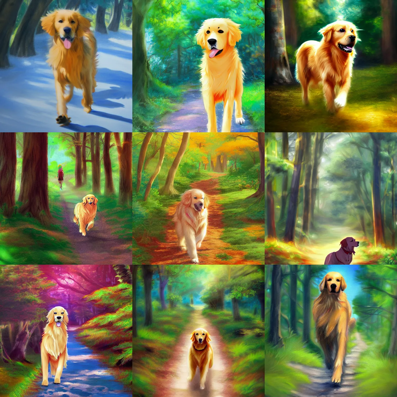 Prompt: anime painting of a golden retriever walking in the woods, colorful, trending on artstation, 8k