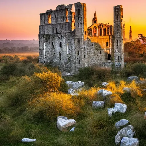 Image similar to an ancient sanctuary made of stone, abandoned, with big towers, white birds flying in the distance, vegetation covering parts of it, golden hour, mist