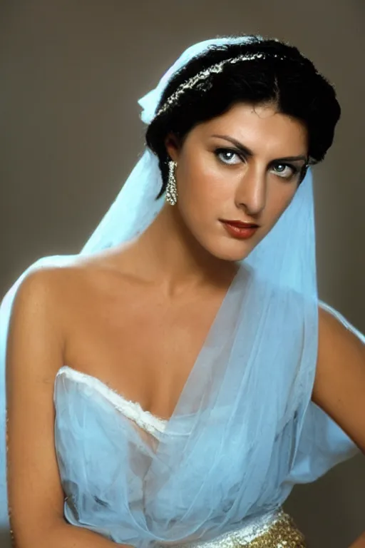 Prompt: young Monica Belluci as an Arab woman, tanned skintone, bright blue eyes, white veil, serious face, light blue dress portrait